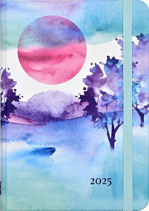 blue watercolour agenda with a light blue elastic. the cover shows a simple scene with purple trees and a pink planet on a white background. bottom right text reads the number 2025