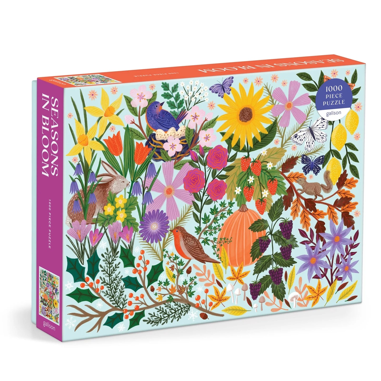 A jigsaw puzzle box with vibrant floral and seasonal artwork.