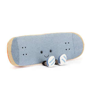 adorably soft plushie of a smiling blue skateboard with legs by popular brand Jellycat.