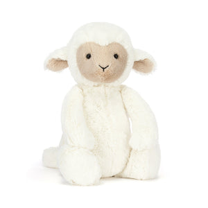 Front view of a white Jellycat lamb plush with a brown face on a white background