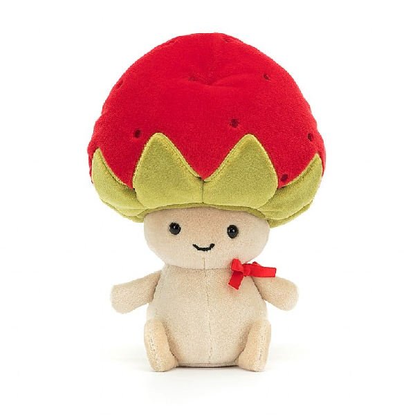 adorably soft plushie of a smilling mushroom-like, humanoid character with a strawberry hat by popular brand Jellycat.