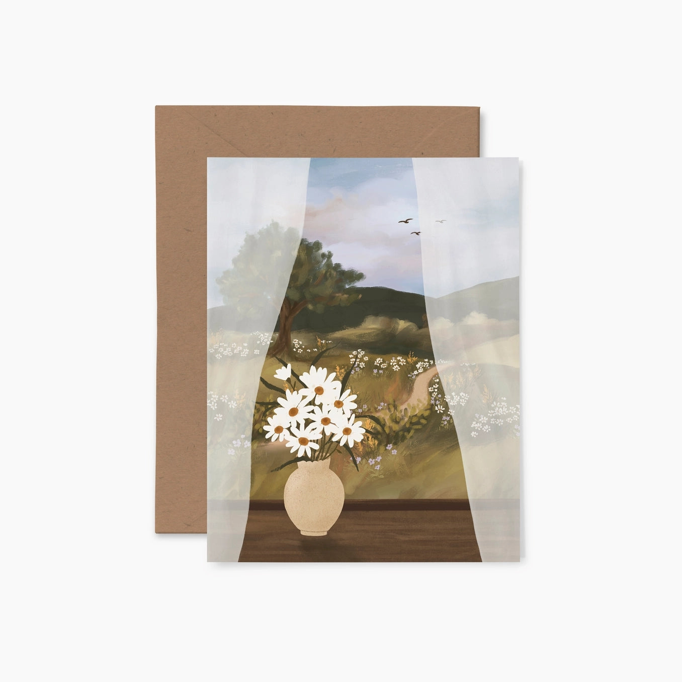 Greeting card featuring an open window overlooking a scenic landscape. A vase of white flowers sits on the windowsill and the sheer curtains are pulled on either side. The card is pictured in front of a brown envelope. 