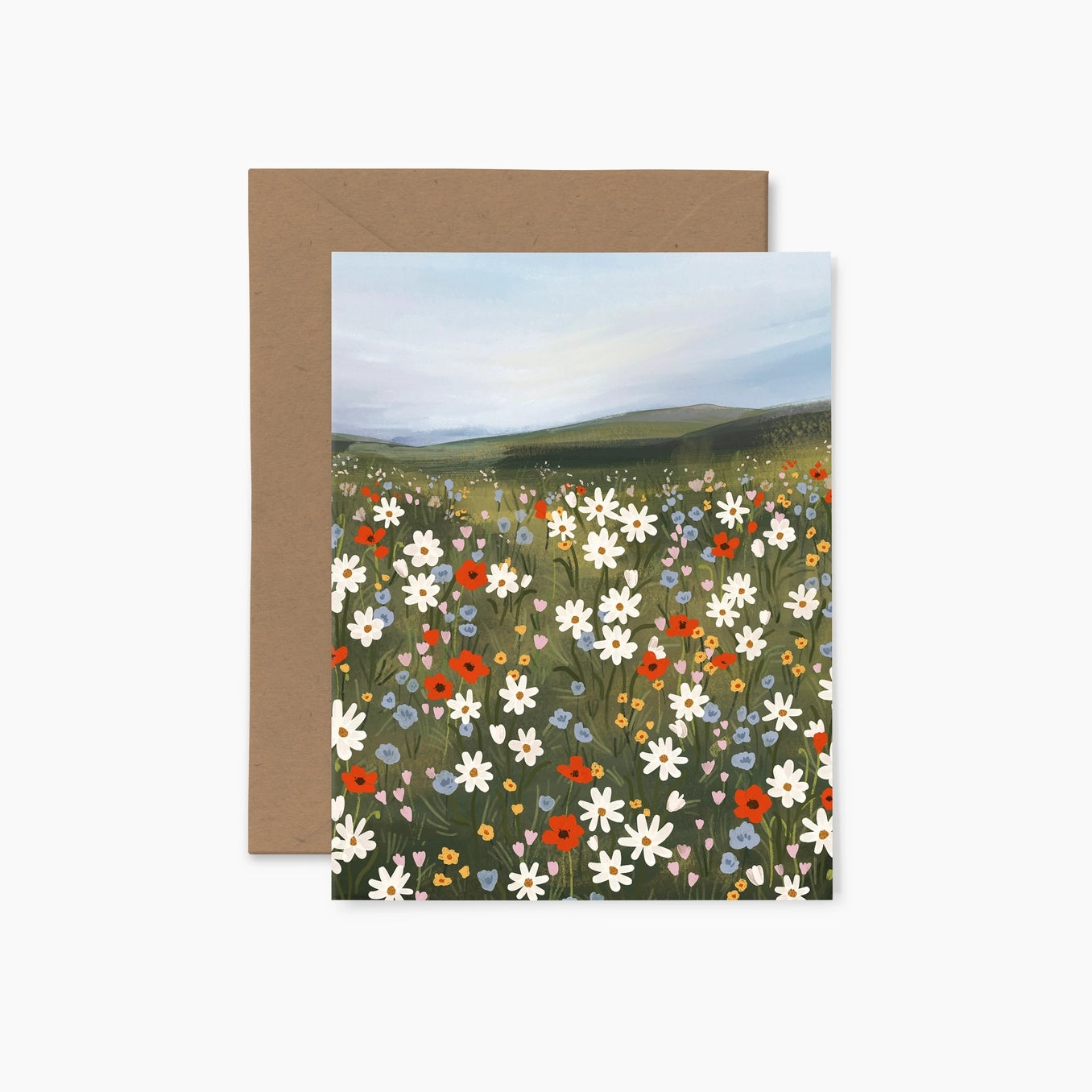 Greeting card featuring a colourful illustration of a field of flowers and a brown envelope on a white background.
