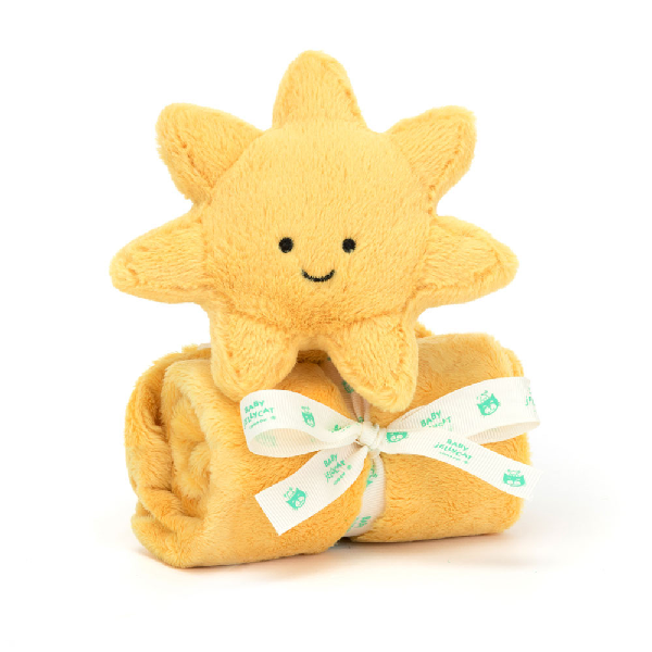 adorably soft sun soother of a smiling sun by popular brand Jellycat.