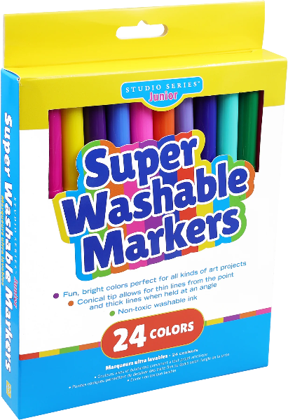 blue, white, and yellow packaging containing an assortment of markers. main text reads "super washable markers"