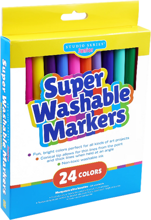 blue, white, and yellow packaging containing an assortment of markers. main text reads "super washable markers"