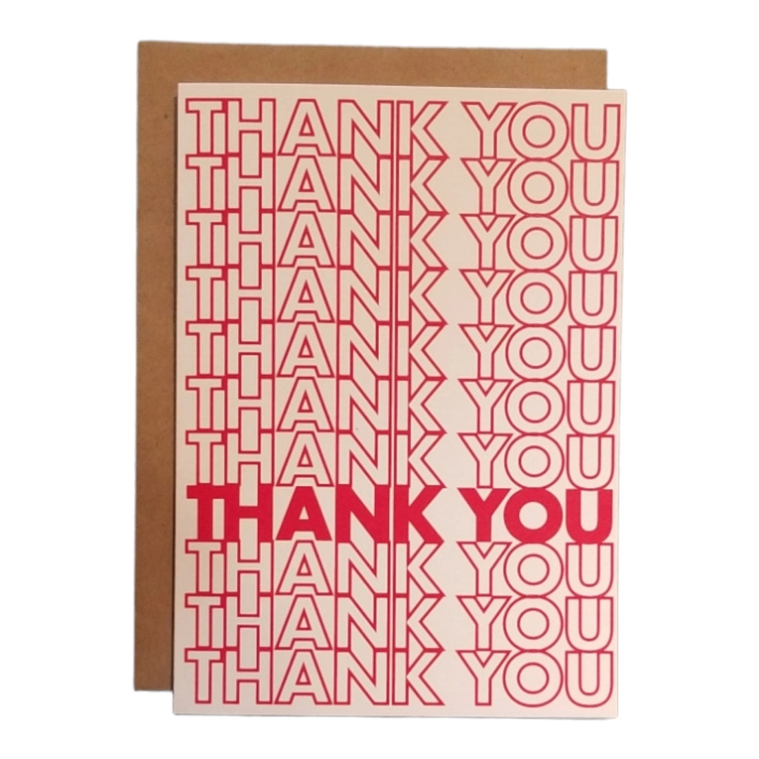 Greeting card with repeated red 'thank you' text printed on a beige coloured background. 