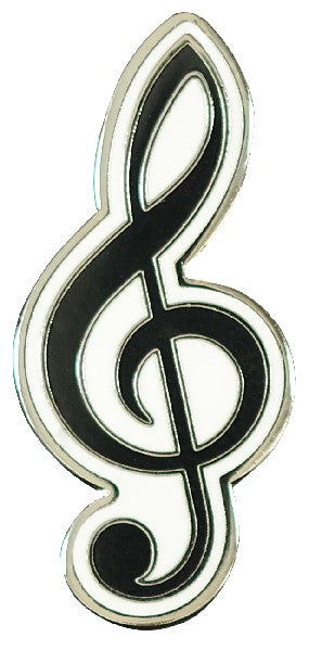 black treble clef on a white shape-following enamel backing
