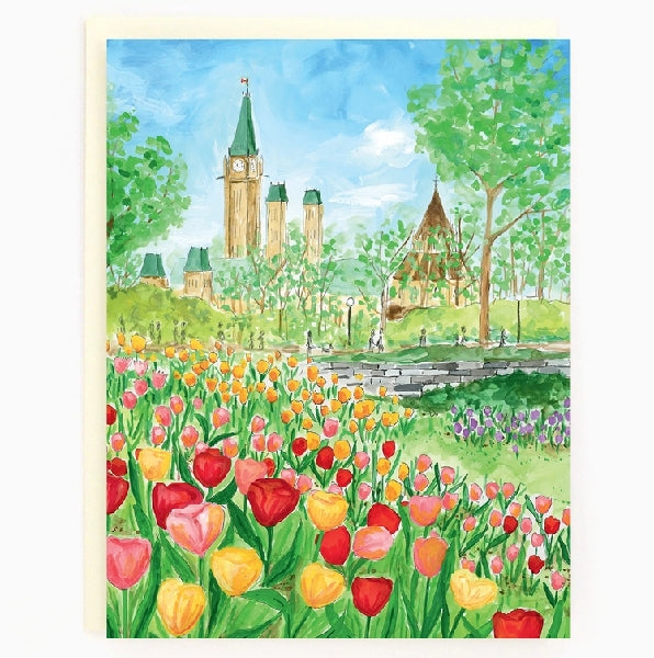 A blank art card featuring a colourful illustration of Ottawa's Tulip festival with some trees and buildings in the background. 