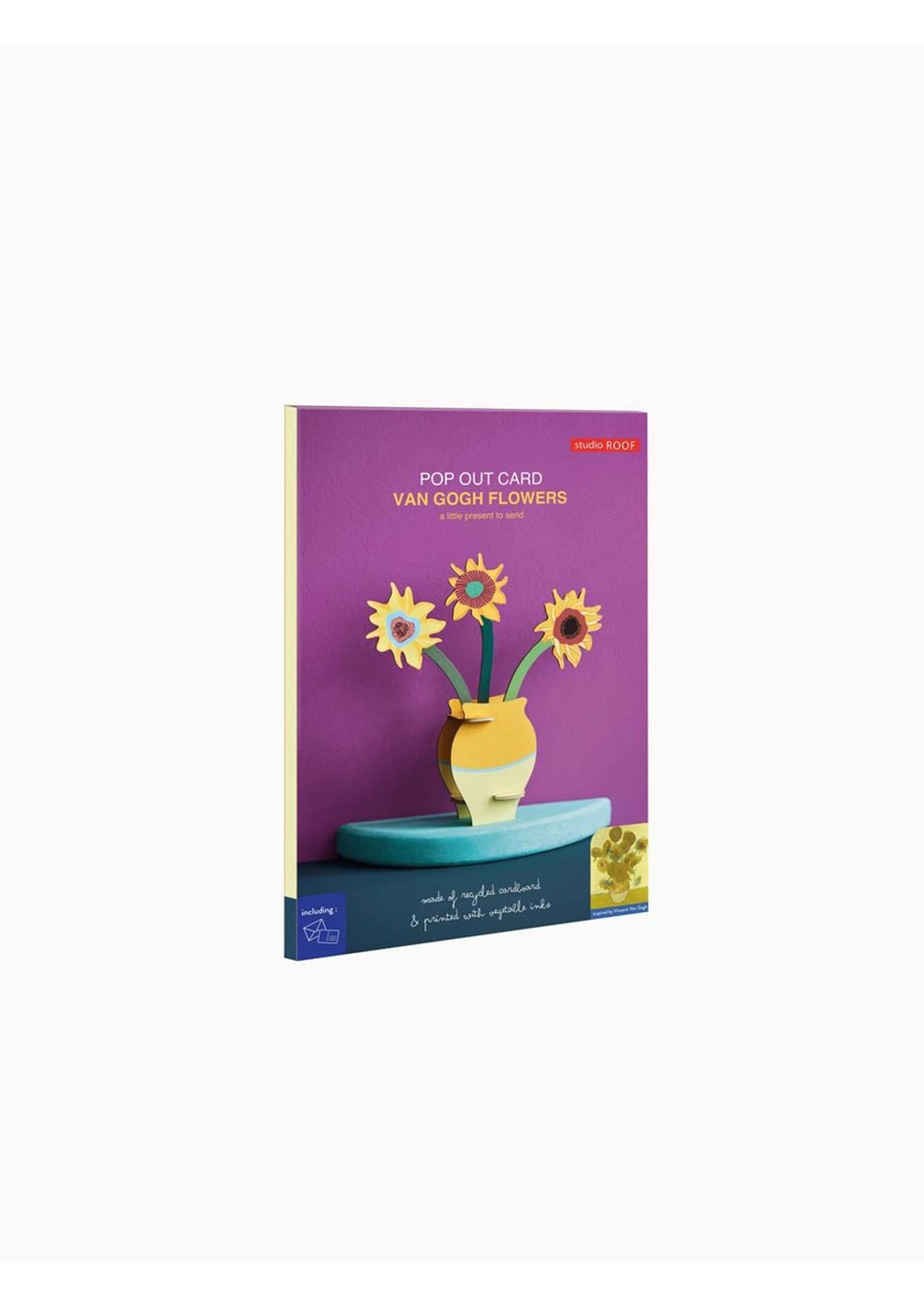 Packaging box for a Van Gogh Flowers pop-out card kit from Studio Roof. The box features an image of a 3D yellow vase containing three sunflowers on a purple background.