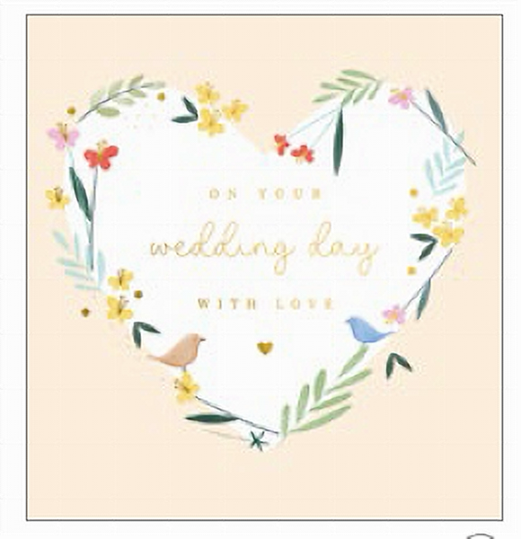 beige wedding day card. cute flowers border a white heart at the centre of the card. middle text reads "on your wedding day with love"