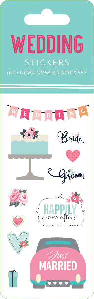 thin sticker sheet with a teal product hanger. main text reads "wedding stickers". stickers shown included a cake, a banner, hearts, flowers, and more. peter pauper press product