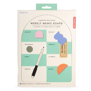 white dotted rectangle package with a mint hanging tab. illustrated on the box is the stretched, semi-circle, mint-white checkered memo board. main text reads "magnetic dry erase weekly memo board". kikkerland product on white background