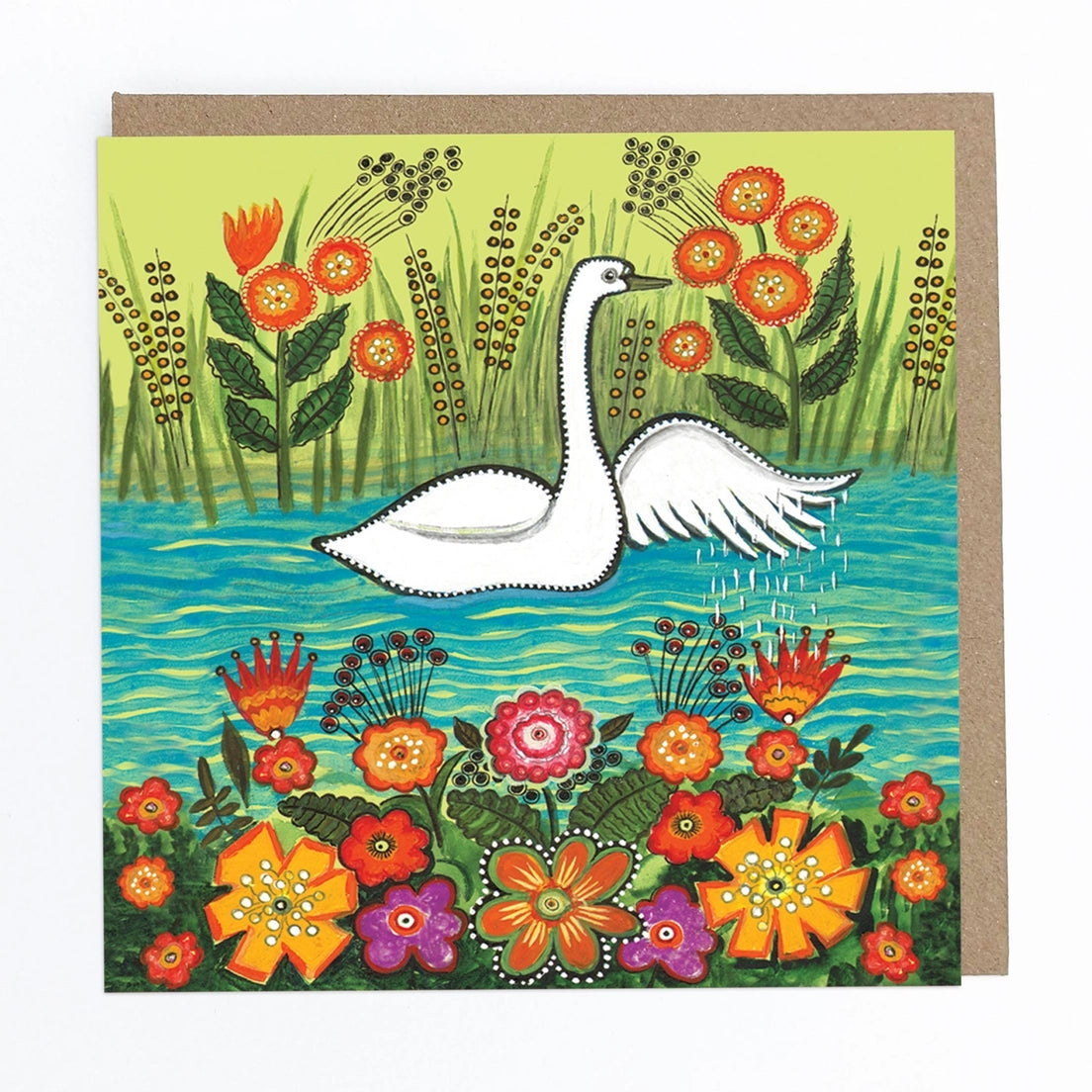 White Swan & Flowers Blank Art Card