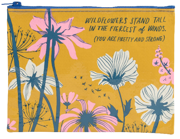 Yellow coin purse. Wildflowers under the text "wildflowers stand tall in the fiercest of winds (you are pretty and strong)".