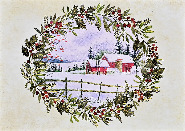 blank, christmas-adjacent notecard. a centrered holly wreath contains a winter rural scene.