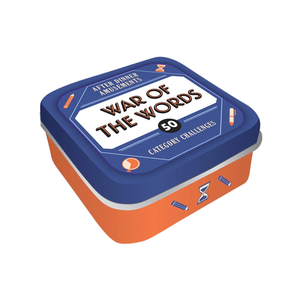 Tin game box for 'War of the Words' with blue and orange design on a white background.