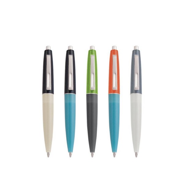 5 ballpoint pens with two colours on their oval shells. colour combinations are white/black, blue/black, grey/green, blue/orange, white/grey. kikkerland product on white background