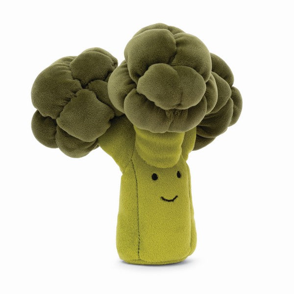adorably soft plushie of a smiling broccoli by popular brand Jellycat.