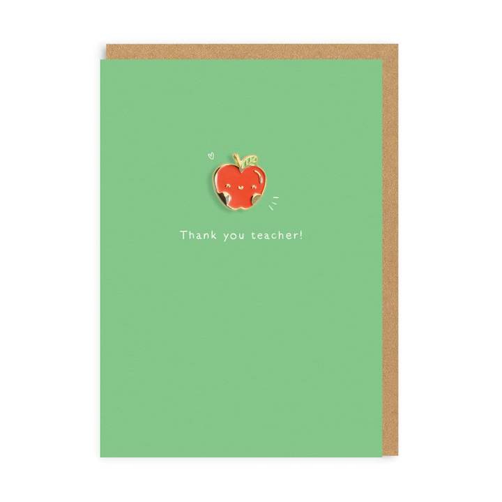 Green greeting card with a removable metal pin in the shape of a smiling apple, and the text 'Thank you teacher!'.