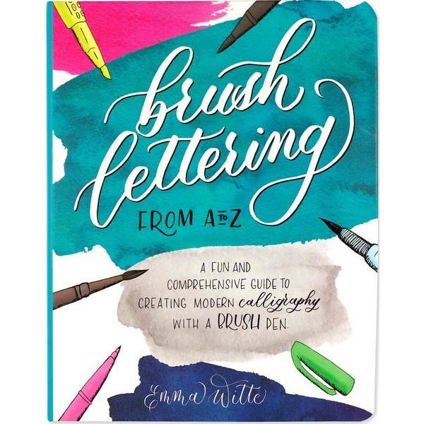 white book with pink, grey, navy, and teal marker splotches on a white background. illustrated markers point to text on the cover. main text reads "brush lettering from a to z". below reads "a fun and comprehensive guide to creating modern calligraphy with a brush pen". peter pauper product