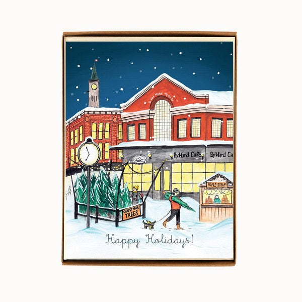 Boxed holiday cards featuring a colourful illustration of Ottawa's Byward Market with a Christmas theme, including a snow-covered market scene, people, and decorations. 