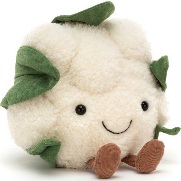 adorably soft plushie of a smiling cauliflower by popular brand Jellycat.