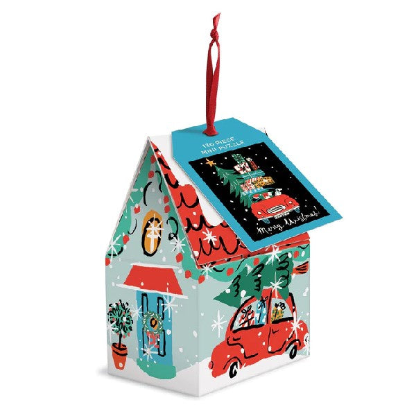 cute red and turquoise, Christmas-themed, house-shaped puzzle box ornament