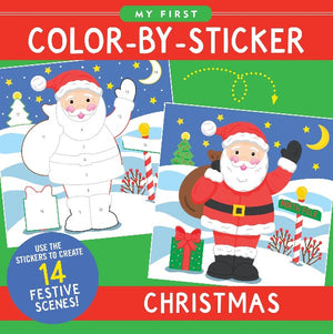 bright red and green christmas activity book with an example illustration of a before and after colour-by-number process. top text reads "my first color-by-sticker". bottom left text reads "use the stickers to create 14 festive scenes!" in a blue circle