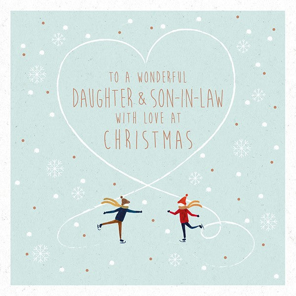 light blue christmas card. middle text in a white-line heart reads "to a wonderful daughter & son-in-law wiith love at christmas". two people ice skate under the tip of the heart