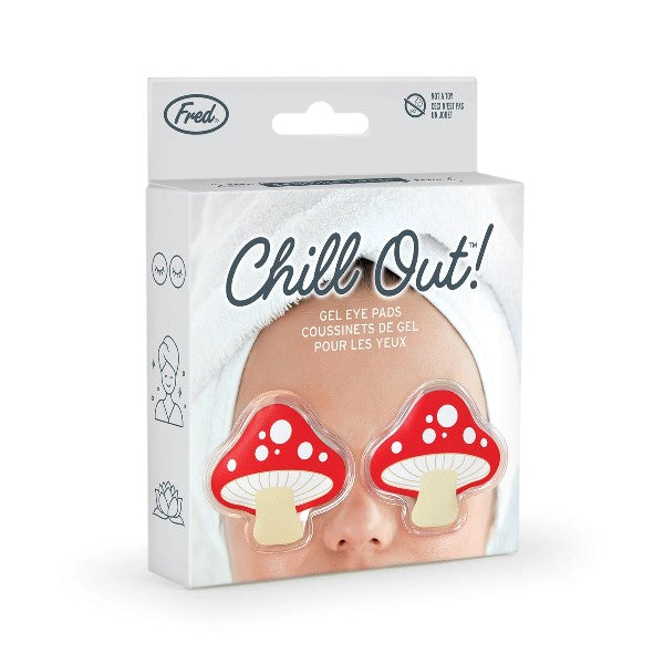 gel eye pads in the shape of cartoon-like red mushrooms in their packaging