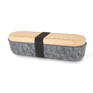 pencil case on a white background. grey felt portion is tied to a light wood, ruler-marked section with a black elastic band. kikkerland product