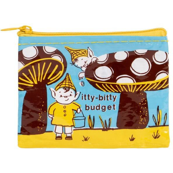 Blue and yellow coin purse with the text 'Itty-bitty budget' and images of gnomes and mushrooms