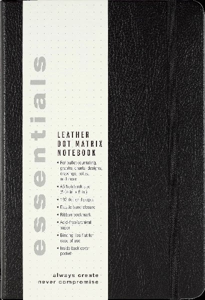 black leather notebook with a white product tab. main text reads "leather dot matrix notebook". below is smaller text including description and product information. peter pauper product