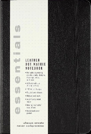 black leather notebook with a white product tab. main text reads "leather dot matrix notebook". below is smaller text including description and product information. peter pauper product