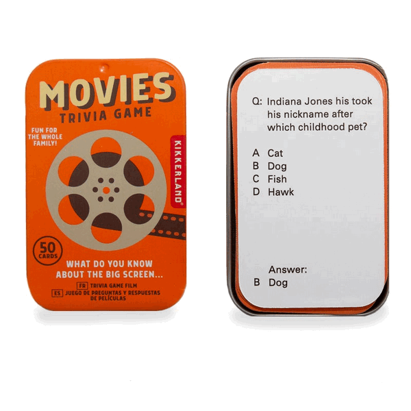 open orange metal container containing a card game. lid sees an illustrated movie reel and lots of text. kikkerland product on white background