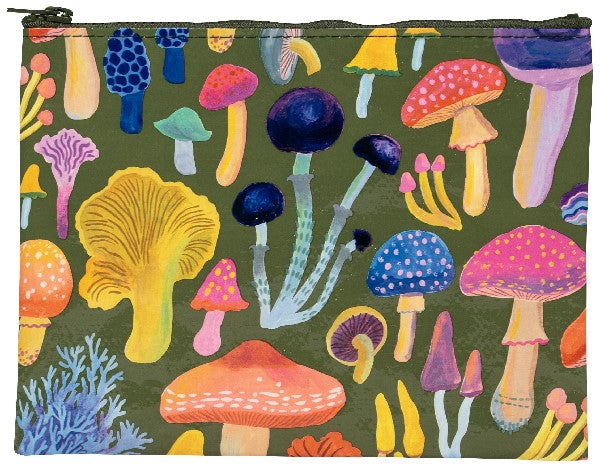 A multicolored zipper pouch featuring a vibrant pattern of stylized mushrooms and other fungal shapes on a green background.