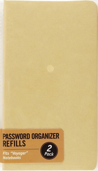 beige paper sheets with a light brown tag at the bottom. text reads "password organizer refills, 2 pack, fits voyager notebooks". product by company peter pauper