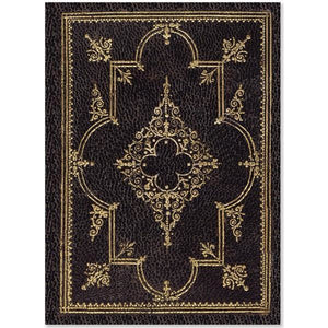 dark brown textured notebook with intricate gold details on the cover