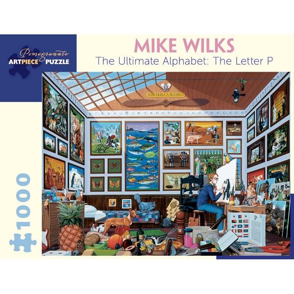 off-white puzzle box with blue accents. the centre of the box has an image of an artist's studio bedroom filled with paintings and other items that have words starting with P
