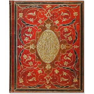 red journal with delicate gold-limned tracery. its cover reproduces a gold-tooled and painted binding of the Roman Breviary 