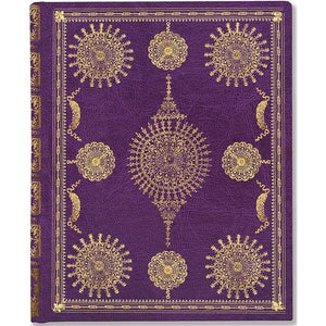 royal purple texture journal with intricate gold details on the cover and on the binding