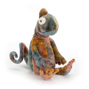 adorably soft plushie of a muddy rainbow chameleon by popular brand Jellycat.