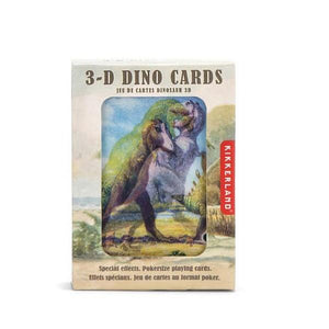 brown playing cards packaging with a window revealing a dinosaurs morphing into one another. top text reads "3-d dino cards". kikkerland product on white background.