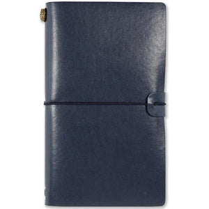 navy blue leather journal with a plastic band around it