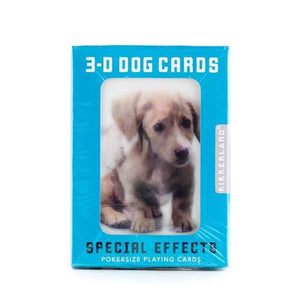 blue playing cards packaging with a window revealing a light brown dog. top text reads "3-d dog cards". kikkerland product on white background.