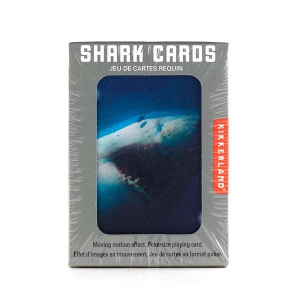 grey playing cards packaging with a window revealing a white shark with an open mouth. top text reads "shark cards". kikkerland product on white background.