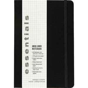 black notebook with a black elastic band. white grid banner vertically includes lots of text. main text reads "grid-lined notebook"