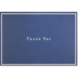 plain navy blue thank you card with a white inner border and the centred text "thank you"