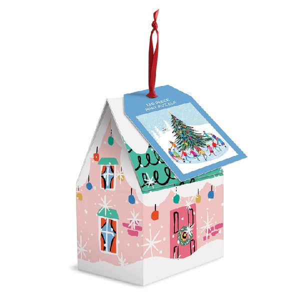 cute, pink, Christmas-themed, house-shaped puzzle box ornament.